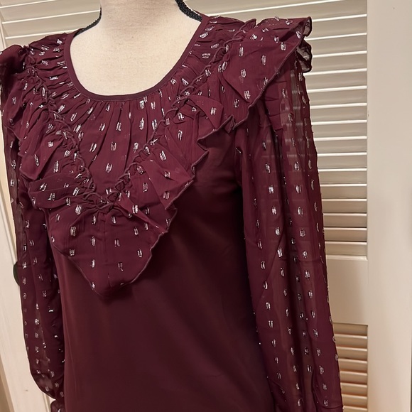 Loft Shimmer Dotted Ruffle Yoke Mixed Media Top in Crushed Blackberry, Size Med - Picture 9 of 17